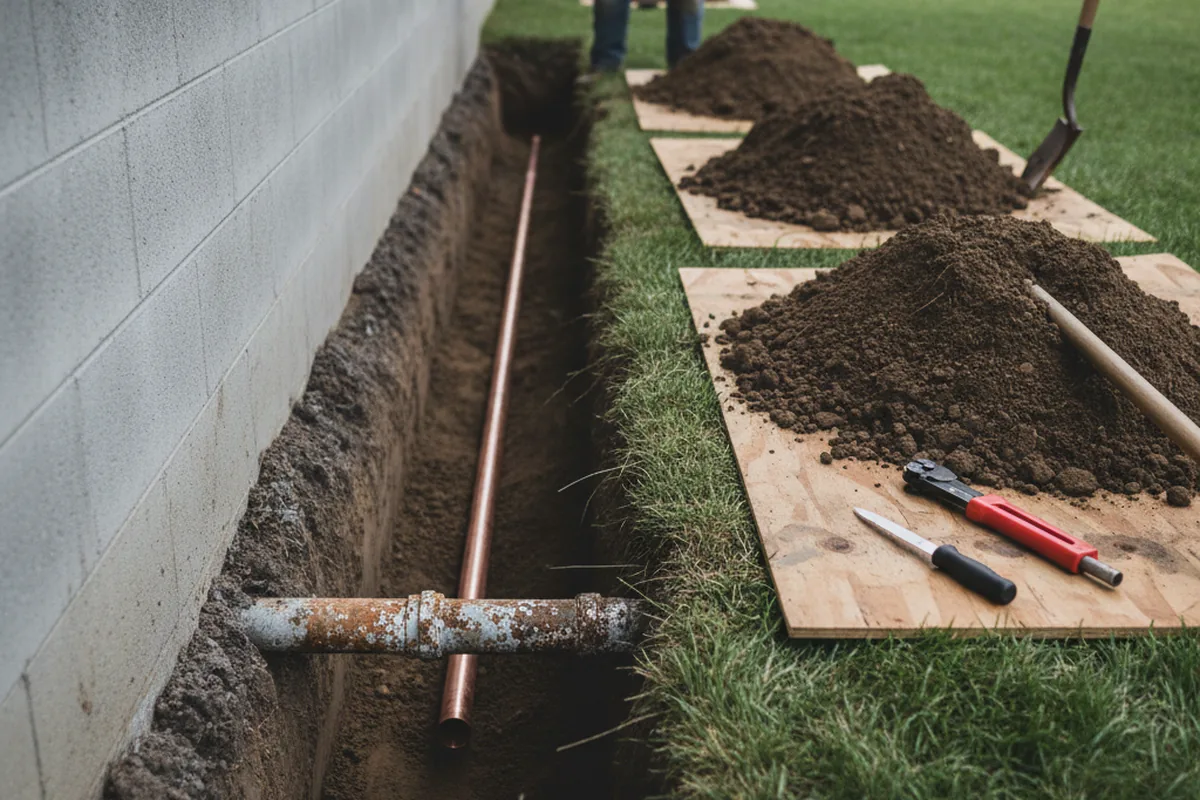 Excavated water line trench during Water Softener Installation in White Springs